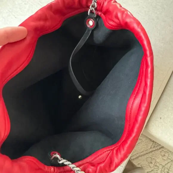 Saint Laurent Teddy Red Leather Bucket Bag NEW Silver YSL Logo Shoulder Bag